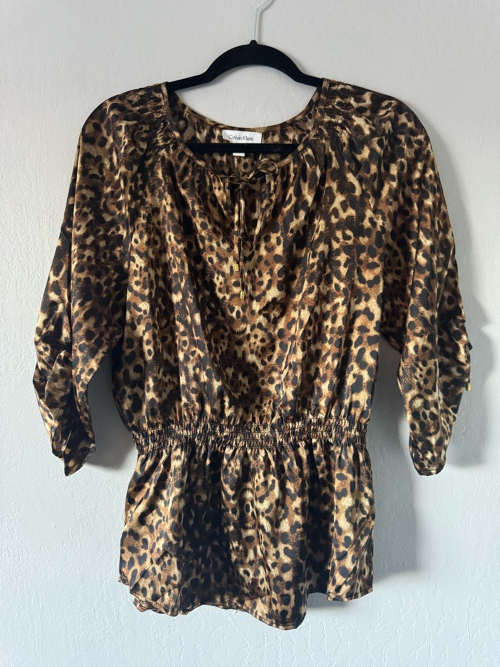 Y2K Tuscan Mom Calvin Klein Leopard Print Billowy Blouse, w/ Gold Accents